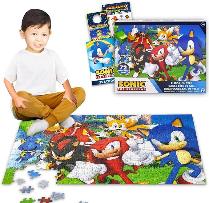 Sonic the Hedgehog Floor Puzzle for Kids Set - Bundle of 72 Piece Sonic Floor Puzzle, Stickers, Tattoos, More | Sonic Jigsaw Puzzles for Kids Ages 5+