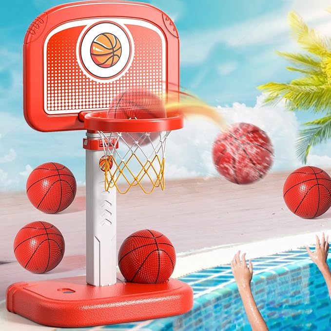 Outdoor Basketball Hoop Toys for Toddlers 3 4 5 6 7 8-12 Years Boys, Swimming Pool Basketball Hoop Outside Toys with 4 Balls, Poolside Basketball Game Toy Gifts for Kids Ages 4-8 8-12 Boys Girls