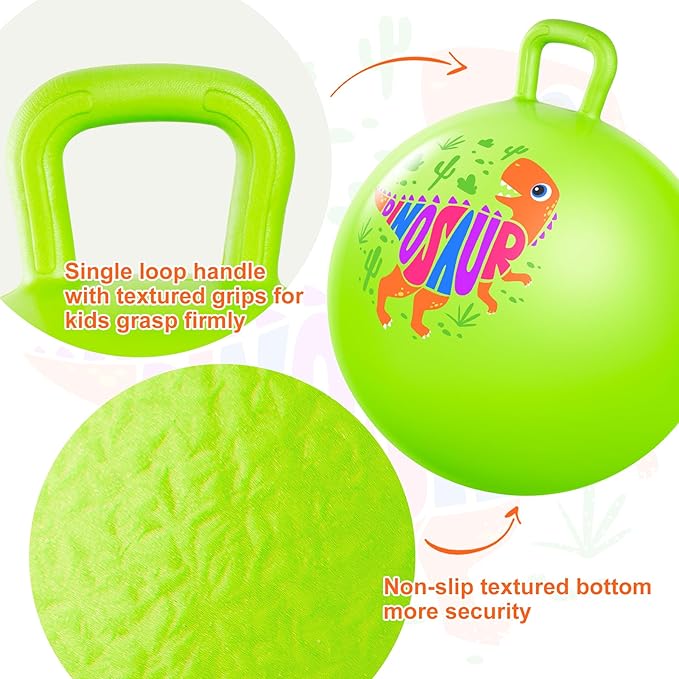 ZOOJOY Hopper Ball for Kids Aged 3-8, 18In Bouncy Balls with Handle, Green Dinosaur Hoppity Hop Ball with Pump, Indoor Outdoor Easter Basket Stuffers Hopping Toys for Boys Girls 3 4 5 6 Gifts