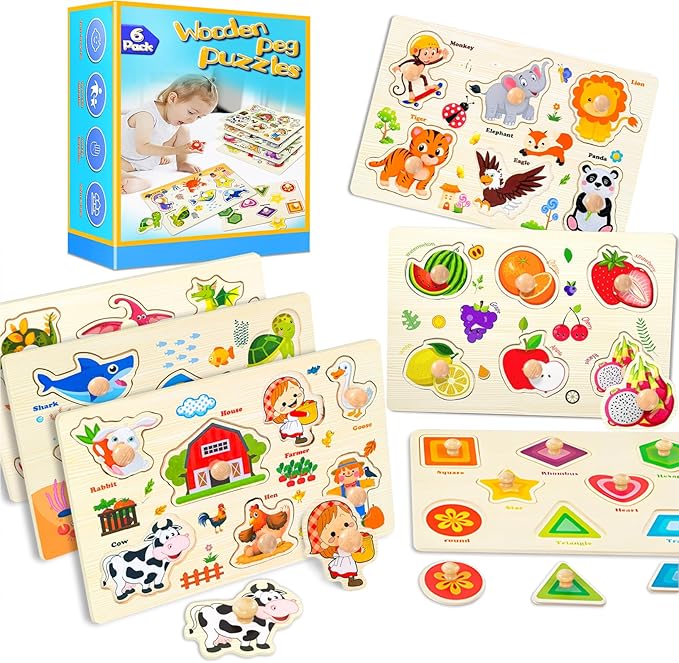 Wooden Peg Puzzles for Toddlers,Montessori Toddler Jigsaw for Child,Fine Motor Skill Learning Puzzle Toys for Baby Boys Girls Gifts-6 Pcs Shape,Farm,Sea Animal,Dinosaurs,Fruits,Animal