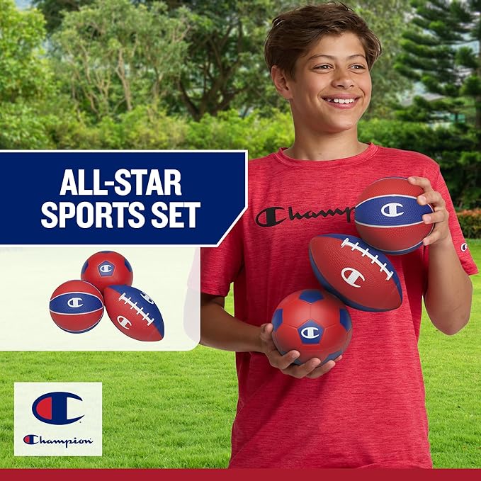 Champion All-Weather Mini Sports Balls (Pack of 4, Red/White/Blue), Rubber & PVC-Cover Soccer, Basketball & Football & Baseball, Durable Construction for Backyard, Playground, School, and Indoor Play