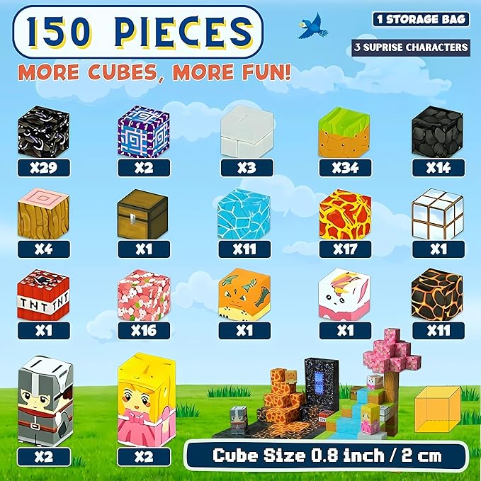 Magnetic Blocks 150PCS Magnetic Cubes Magnet Blocks Stacking Building Cubes Magic Portal Adventure Set STEM Learning Toy for Kids Montessori Sensory Play Educational Birthday Gift Boys & Girls Ages 3+
