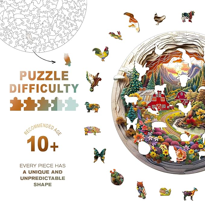 Wooden Jigsaw Puzzles, Farm Wooden Puzzles for Adults with Unique Shape, Birthday Gifts for Adults Family Game,11.4"x11.4"-200pcs
