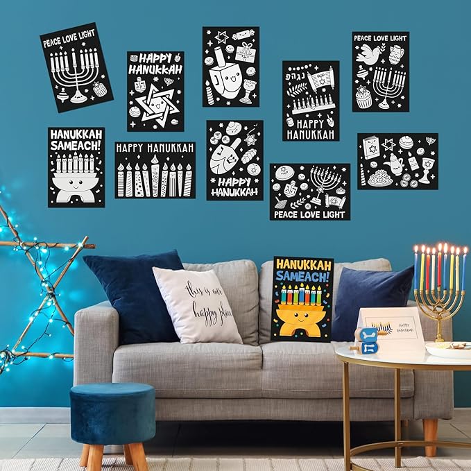 Zhanmai 30 Pcs Color Your Own Funny Hanukkah Posters DIY Happy Hanukkah Crafts Bulk Color Your Own Menorah Poster DIY Crafts for Chanukah Party Holiday Home Activities