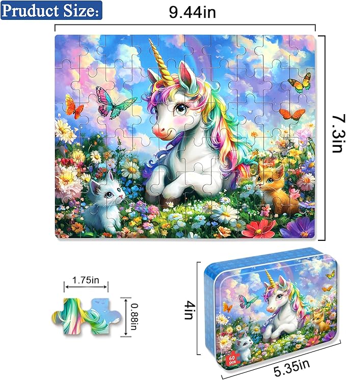 LELEMON Unicorn Puzzles for Kids Ages 4-8,60 Pieces Raibow Unicorns Cats Butterfly Jigsaw Puzzles in a Metal Box,Cute Raibow Unicornss Learning Educational Puzzles for Boys Girls