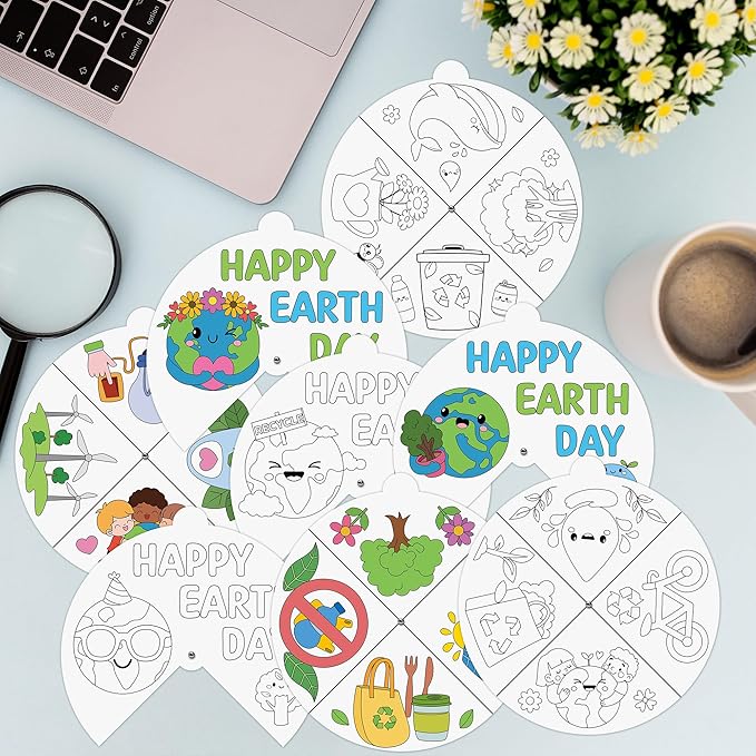 COcnny Earth Day Coloring Craft- 24 Sets Color Your Own Globe Art Craft DIY Wheel Cards for Kids, Happy Earth Day Paper Craft Art for School Home Class Event World Environment Activities