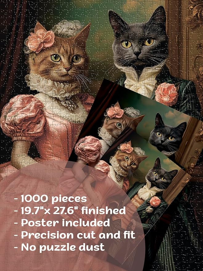Puzzles for Adults 1000 Pieces, Victorian Cats: The Elegant Pair Portret, Hard Challenging Jigsaw Puzzle for Puzzle Lovers, Bonus Poster Included. Vintage cat Puzzle, Matte Finish.