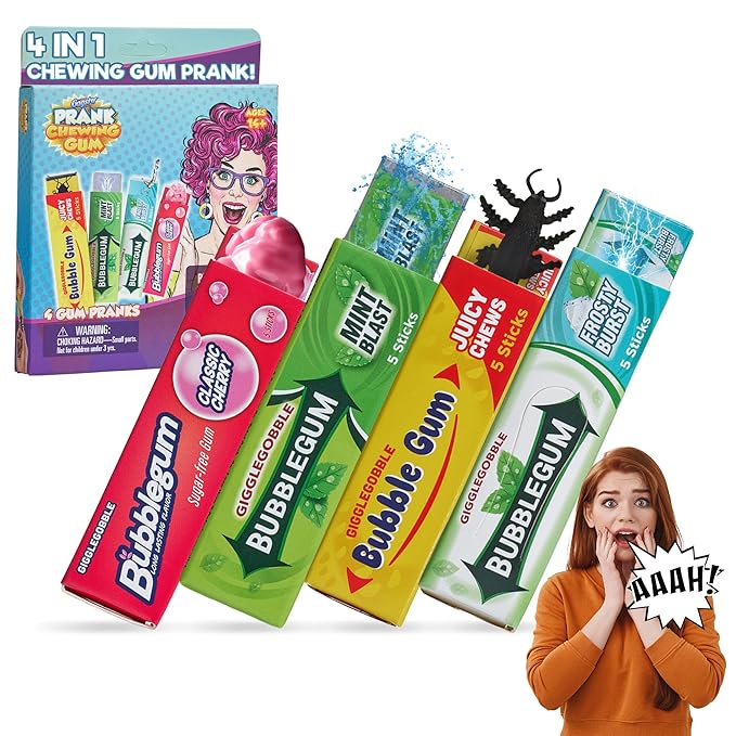 Gagster 4-in-1 Prank Chewing Gum Set – Shocking, Water Squirt, Cockroach Snapping, Fake Chewed Gum, Gag Gifts for Kids Adults, Work Pranks, April Fools, Practical Joke Toys Kit