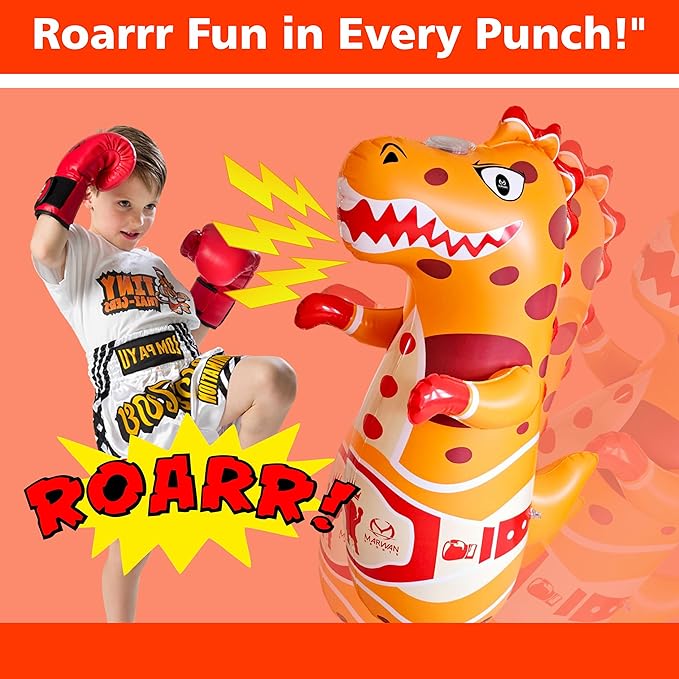 Marwan Sports Punch, Light & Roar Dinosaur Punching Bag – 47" Inflatable Bop Bag for Kids Ages 3-14 | Bounce-Back Toy with Lights & Roaring Sounds | Active Play Gift for Toddlers & Children