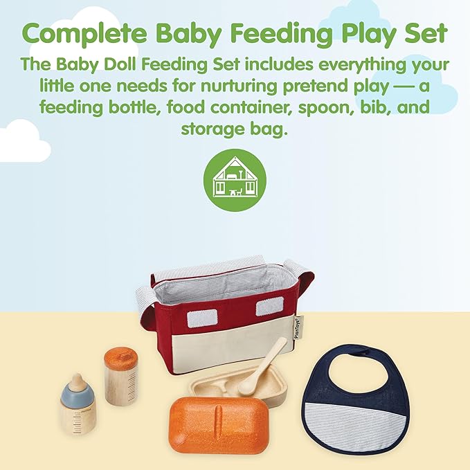 PlanToys® Baby Doll Feeding Set for Kids | Wooden Pretend Play Baby Care Accessories with Bag, Bottles, Bib, Spoon & Food Box | Montessori Toy for Toddlers | Eco-Friendly Doll Accessory Kit