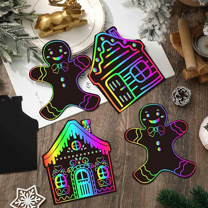 JarThenaAMCS 60 Pcs Christmas Scratch Paper Craft Kits Gingerbread Scratch Cards Ornaments with Ribbon & Wood Styluses for Xmas Party DIY Crafts Painting Supplies