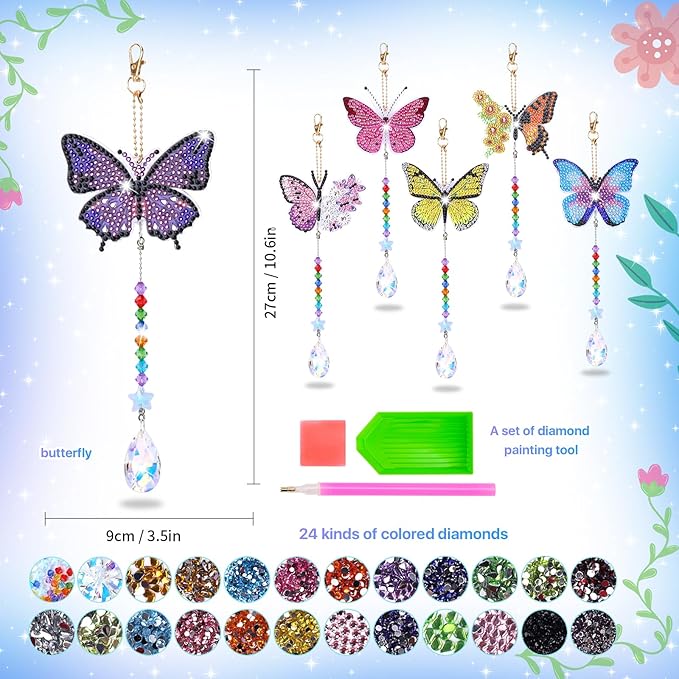 Diamond Art Kits for Kids Ages 6-12: Gifts for 7 8 9 10 Year Old Girls Teens Birthday Gifts Creative Arts & Crafts for Girls Boys DIY Wind Chime & Suncatcher Craft Kit Crystal Decor Kit Butterfly