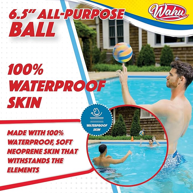 Wahu 100% Waterproof All-Purpose Pool Ball for Beach Volleyball, Soccer, and More, 6.5" Round Water Ball for Beach and Pool Sports Games