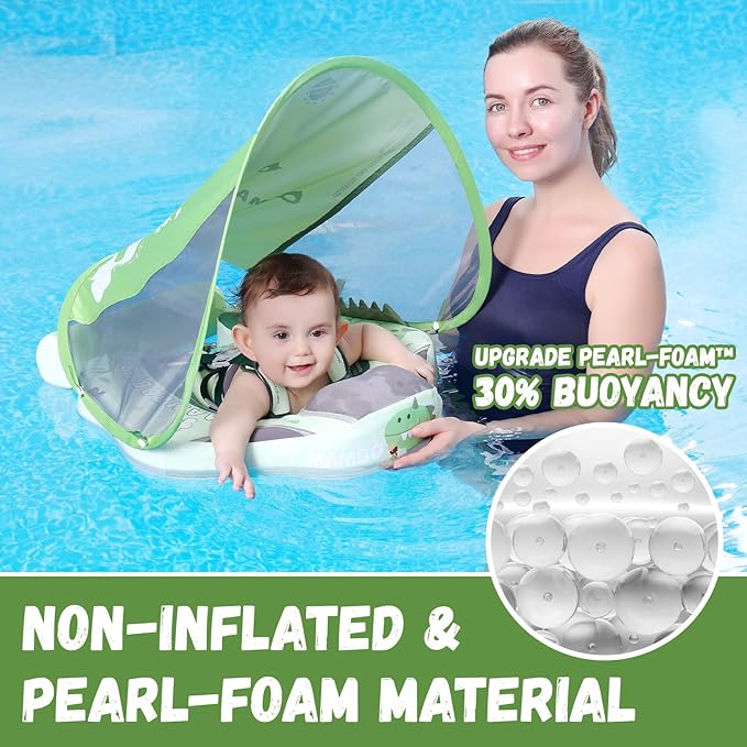Mambobaby Baby Swim Float with Canopy Non-Inflatable Infant Pool Float with Tail 3-24 Months Avoid Flip Solid Skin-Friendly Material for Toddler Boys Girls