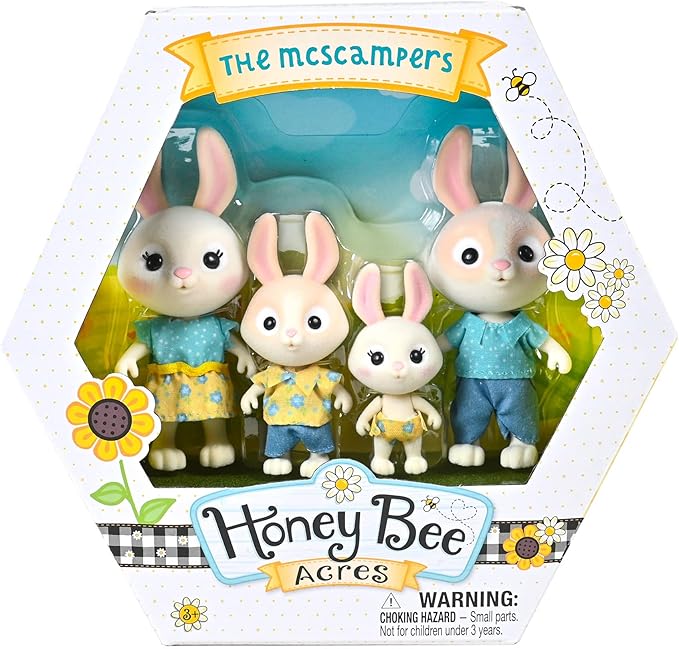 Honey Bee Acres The McScampers Rabbit Family, 4 Mini Flocked Doll Play Figures, Bunny Collectibles, Pretend Play Toys for Kids, Valentines, Easter Basket, Birthday Gift for Girls 3+