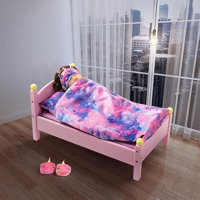 K.T. Fancy 8 PCS 18 Inch Girl Doll Clothes and Accessories Sleeping Sheet,Pajamas,Eye Mask,Unicorn Slippers,Pillow(Doll and Bed are Not Included)