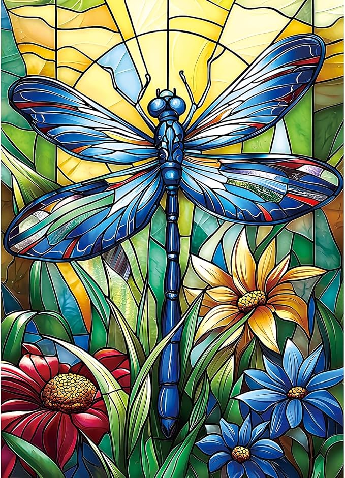MINIWAN 1000 Piece Stained Glass Blue Dragonfly Wildflowers Jigsaw Puzzle for Adults, Colorful Mosaic Insect Floral Art Puzzle, 27.5 x 19.7 Inch Gift for Nature & Art Lovers