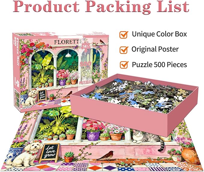 500 Piece Jigsaw Puzzle for Adults -Floral Garden Window with Cute Cat Puppy - Vibrant Pink Plant Decor Paper Puzzle for Relaxation Finished Size 19.3" x 13.7"