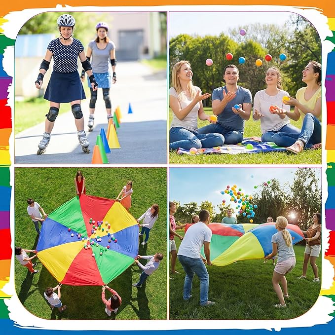 43 Pcs 3 in 1 Carnival Outdoor Games Combo Set Include 6 Plastic Cones, 12 Rings, 12 Bean Bags, 12 Plastic Balls, 10 Feet Play Parachute for Holiday Carnival Party Play Game Decor Supplies