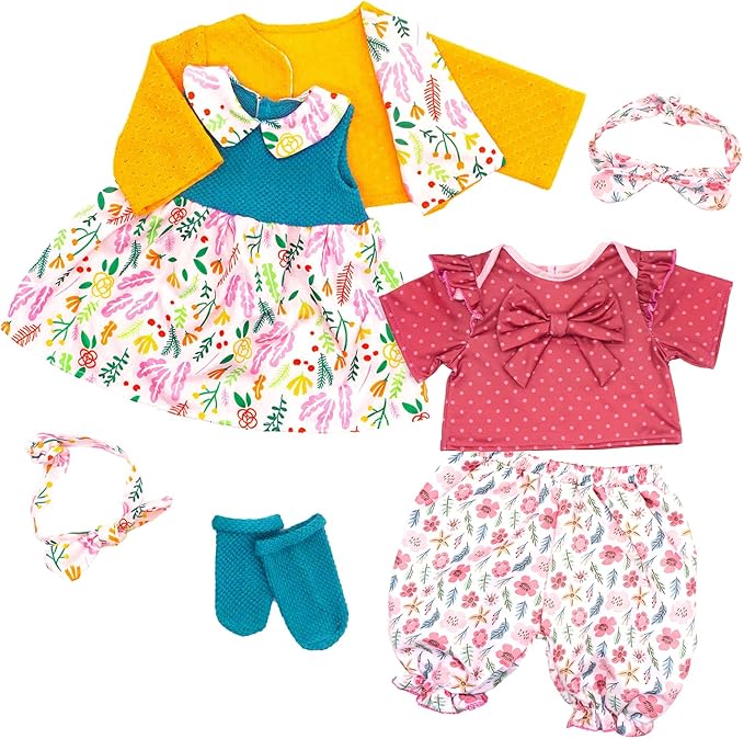ECORELF Reborn Doll Clothes for 20-22 Inch Dolls, 2 Set 20 Inch Baby Doll Clothes Accessories 7 Pcs Include Dress Coat Outfits, Headbands, Socks, Top and Pants