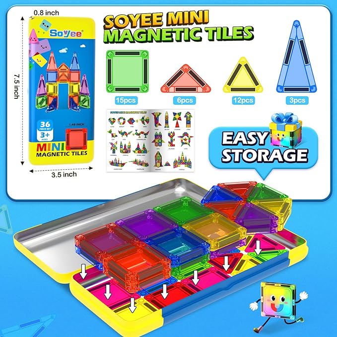 Soyee Mini Magnetic Tiles Travel Toddler Toys with Metal Tin Portable STEM Building Kids Toys for 3 4 5 6 7 8+ Years Old Boys & Girls & Birthday Gifts