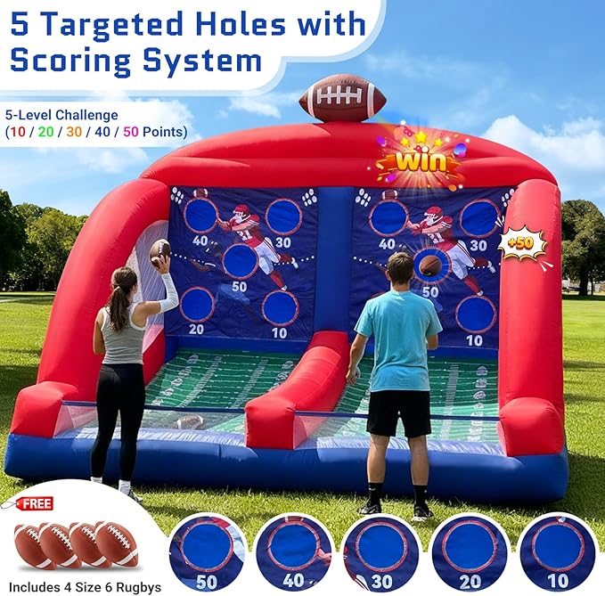 OZIS Inflatable Carnival Games with 4 Balls - Football Toss Throwing Target with Powerful Blower, Easy Setup for Indoor/Outdoor Commercial, Birthday Parties, and Lawn Interactive Game