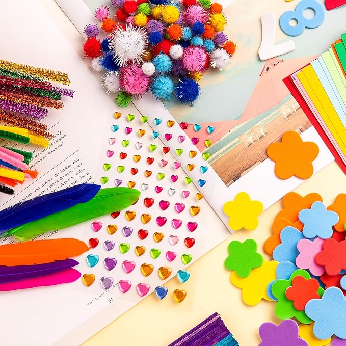 Whaline 1050 PCS Art Craft Kit Supplies 17 Styles Pipe Cleaners Pompoms Wiggle Googly Eyes Foam Flowers Letters Construction Papers Safety Scissors Sticks Heart Stickers Feather Felt Cloth Button