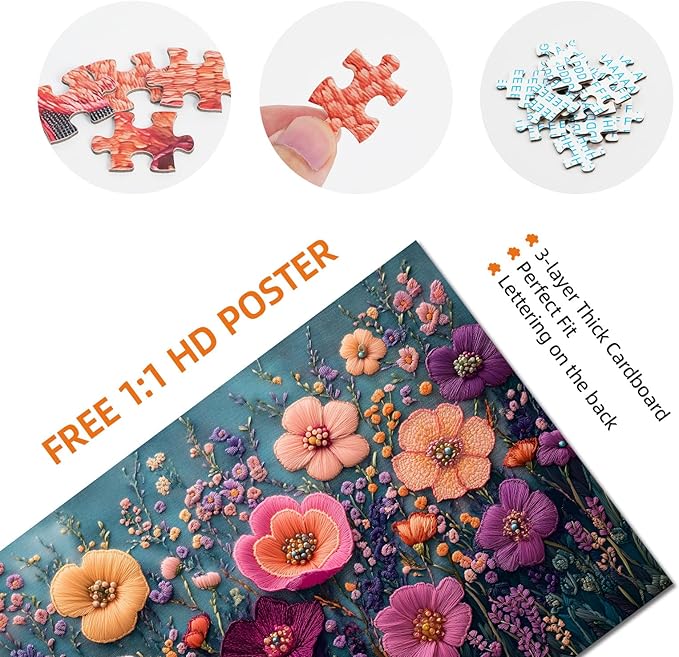 Jigsaw Puzzle 1000 Pieces Embroidered Flower Puzzle Intricate Thread Art, Vintage Botanical Home Decor