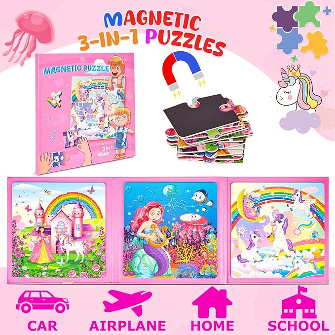 LovesTown Magnetic Puzzles for Toddlers, Educational 3-in-1 Fairytale Travel Puzzle Book, Learning Magnets for Kids, 48 PCS