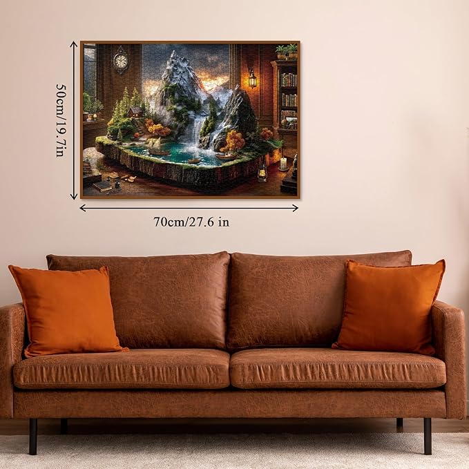 Cabin Mountain Landscape Puzzles for Adults 1000 Pieces, 3D Nature Lake Scenic Jigsaw Puzzle, Fantasy Waterfall Boat Puzzle