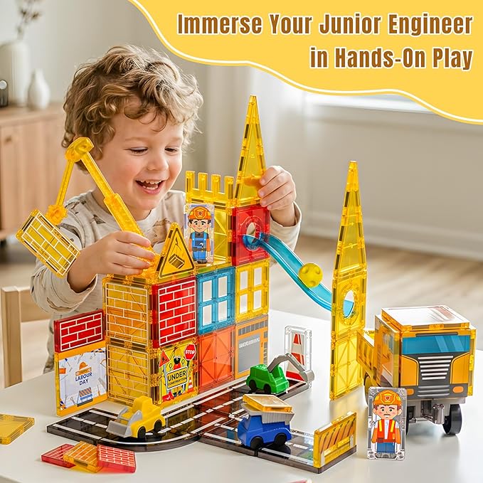 Magnetic Tiles Construction Toys with Road & Crane & Marble Run, Double-Sided Fire Station & Building Magnet Tiles for Kids Ages 4-8, STEM Magnetic Blocks Gifts for 3 4 5 6 7 8 Year Old Boys