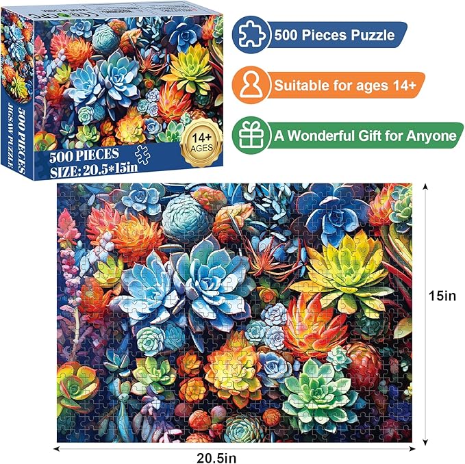 500 Piece Puzzle for Adults-Succulent Plant Puzzle| Recycled Cardboard Jigsaw Puzzles 500 Pieces | Challenging Family Activity Great Gift Idea for Family Friends | Difficult Puzzles Size 20.5X 15 in