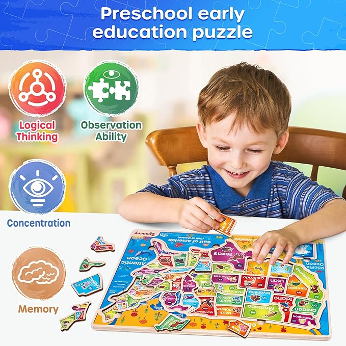 SYNARRY Large USA World Wooden Puzzles for Kids Ages 4-6, Learning United States World Maps Puzzles for Kids Ages 6-8, Wood Jigsaw Puzzles Educational Games Toys for Boys Girls Ages 3-8, Easter Gifts