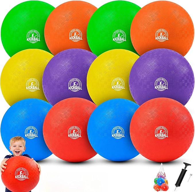 12 Inch Kickball Playground Balls Set(1,6,12)Pack, Durable PVC Dodgeballs for Kids & Adults, Outdoor & Indoor Games with Pump and Bag, Bouncy Balls for School, Gym, Birthday Gift for Boys and Girls