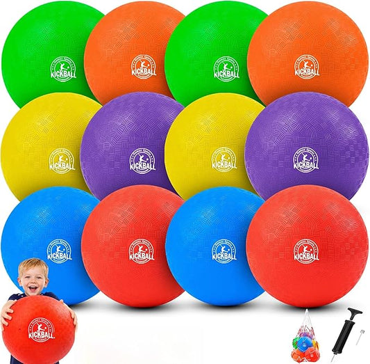 12 Inch Kickball Playground Balls Set(1,6,12)Pack, Durable PVC Dodgeballs for Kids & Adults, Outdoor & Indoor Games with Pump and Bag, Bouncy Balls for School, Gym, Birthday Gift for Boys and Girls