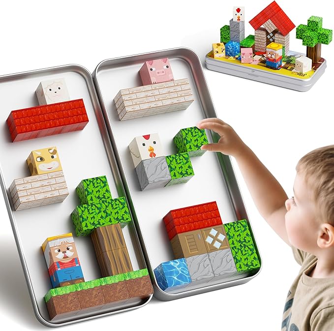 Mini Magnetic Blocks Farm Animals Travel Toys, 35PCS Portable STEM Magnetic Building Cubes with Metal Storage Box for Kids Ages 4-8, Road Trip & Airplane Essentials