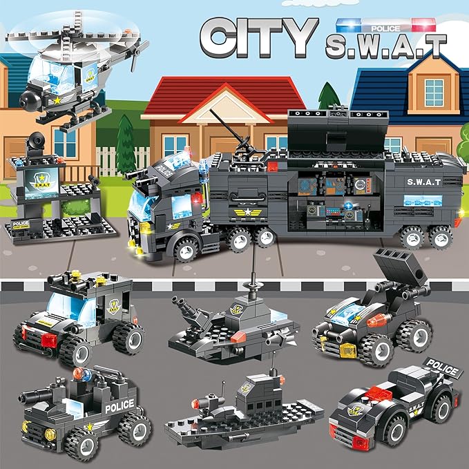 1110 PCS SWAT City Police Set Cop Car Building Set with Helicopter, Boat, Police Station, Mobile Command Center Truck Toys in 25 Different Models, Gifts for 6 Plus Year Old Kids Boys