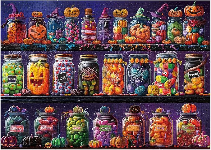 Halloween Horror Candy Jigsaw Puzzle 1000 Piece for Adult, Magic Fall Holiday Pumpkin Jigsaw Puzzles, Funny Art Aesthetic Colorful Puzzle