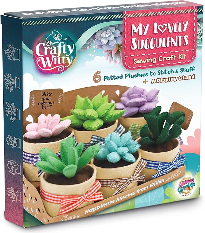 Felt Succulents Craft Kit. Make 6 Potted Colorful Plushies & A Display Rack. Mini Garden DIY Sewing Project, Activity Set, Arts & Crafts Supplies - Great Gift for Teens and Adults