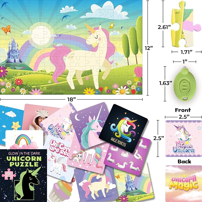 Hapinest 100 Piece Unicorn Puzzle Glow-in-The-Dark Puzzle for Kids Girls & Boys, Birthday Gift w/Bonus Memory Matching Cards & LED Flashlight, Jigsaw Puzzles for Kids Ages 5 6-8 10-12 Years Old and Up