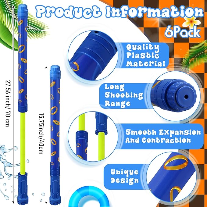 6 Pcs Blue with Gold Rings Water Guns Bulk Party Favors for Kids 15.75" Water Squirters Blaster Shooters for Summer Swimming Pool Beach Cartoon Birthday Gifts Supplies