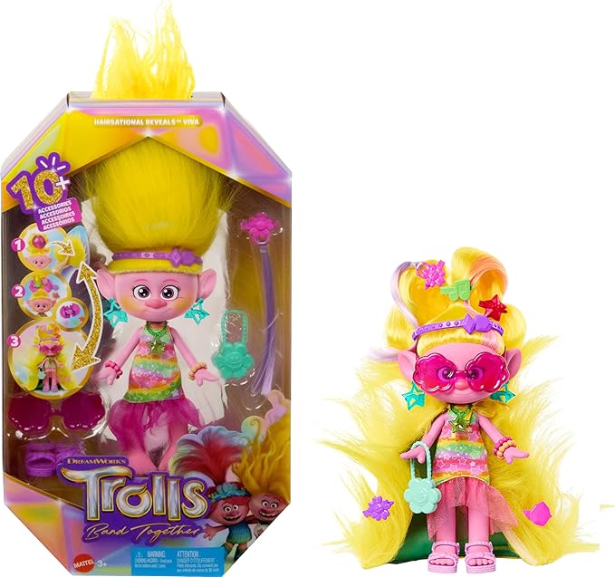 Mattel DreamWorks Trolls Band Together Fashion Doll & 10+ Accessories, Hairsational Reveals Viva with Transforming Hair Piece