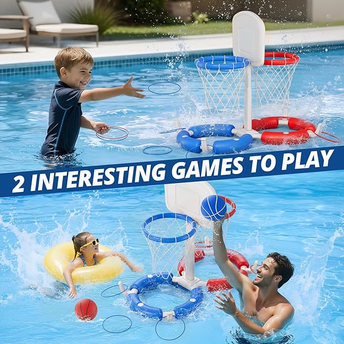 Double Pool Basketball Hoop with Backboard, 2-in-1 Floating Pool Toys Ring Toss Game, 2 Player Games Summer Outdoor Water Toys Gifts for Kids Ages 4-8 8-12 & Adults, Family Swimming Pool Party