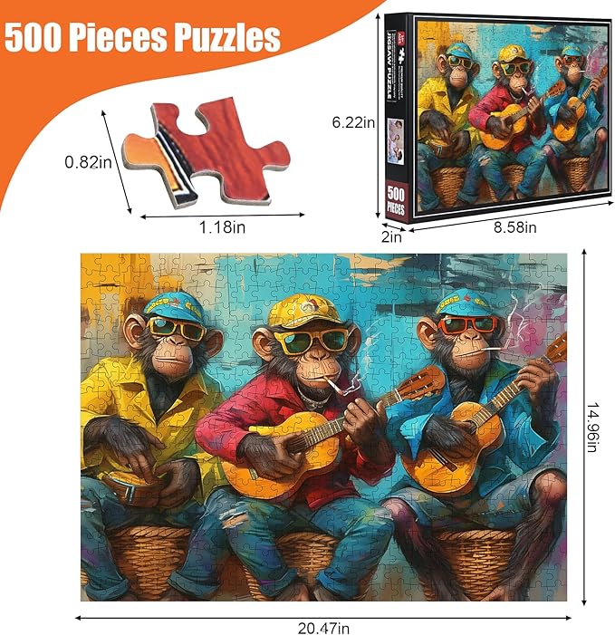 Guitar Monkey Puzzles for Adults 500 Pieces - Funny Gorilla Jigsaw Puzzle, Colorful Monkey Art Puzzle with Letters on Back, Challenging Hard Difficult Cartoon Animal Puzzles as Game Room Home Decor