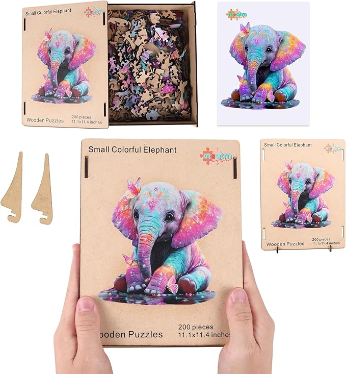 MEATRN Wooden Jigsaw Puzzle - Colorful Baby Elephant with Butterflies, 491 Pcs, 16.3x16.7 in, Animal Puzzles for Adults & Kids, Educational Brain Teaser Gift and Home Art Décor