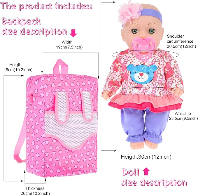 ebuddy 12 inch Baby Doll and Accessories-Reborn Baby Dolls Real Life Baby Dolls with 3 Sets Clothes,Backpack,Pacifier, Bottle