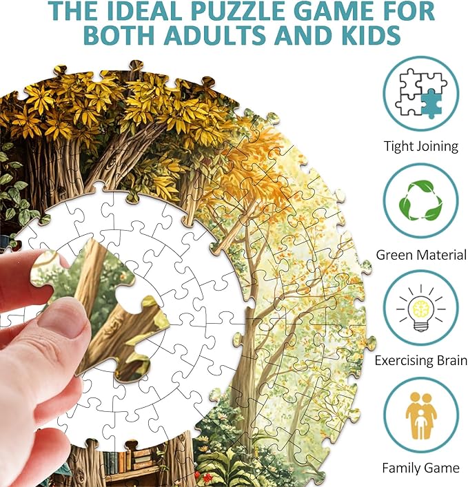 1000 Piece Round Jigsaw Puzzles for Adults, Forest Bookshelf Library, 26.5" Large Circular Puzzle with Letters on Back, Challenging Family Game & Wall Decor, Ideal Gift for Book Lover