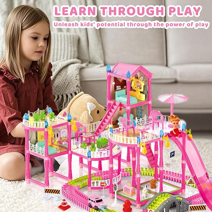 Doll House with Lights&Track Car Toy Set,Princess Dollhouse for Girls, 3 Dolls, Pets, Car, Furniture and Accessories, Design and Build Gift for 3 4 5 6 7 8+ Year Old Girls