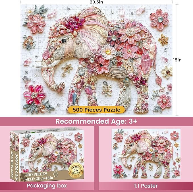 500 Piece Puzzle for Adult,Colorful Crystal Flower Elephant Puzzle for Adult Seniors,Beautiful Diamond Art Jigsaw Puzzle,Difficult Unique Family Challenging Games Gift for Friends Men Women,20.5*15In