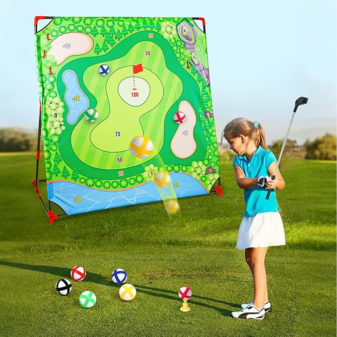 Golf Chipping Game with Stand - 54"x 54" Golf Target Backyard Game Set Includes 24 Sticky Balls, 2 Clubs, 2 Hitting Mats, Portable Golf Game for Chipping Practice for Dads Golfers